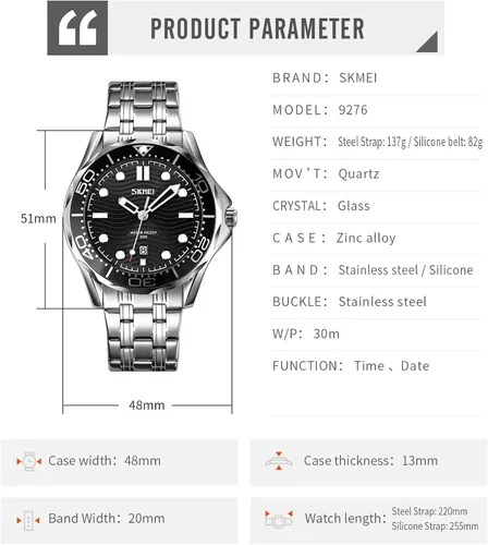Vista 6 de SKMEI Mens Watches Fashion Big Large Face Stainless Steel Waterproof Luminous Analog Quartz Watch Day Date Luxury Business Blue Wristwatches for Men