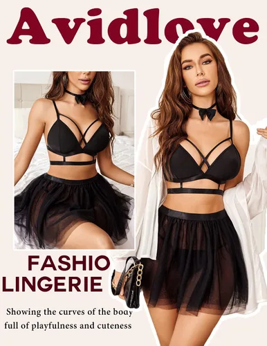 Vista 3 de Avidlove Lencería para mujer con tiras y falda conjunto de gargantilla extraíble S-XXL