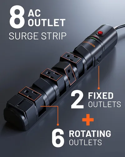 Vista 2 de ECHOGEAR VoltSpin - Regleta de alimentación con protector de sobretensiones, enchufes giratorios, enchufe plano, cable largo y agujeros de montaje