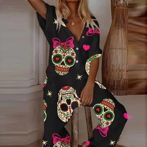 Vista 12 de PAODIKUAI Overol casual con estampado de calavera para mujer, overol suelto con bolsillos