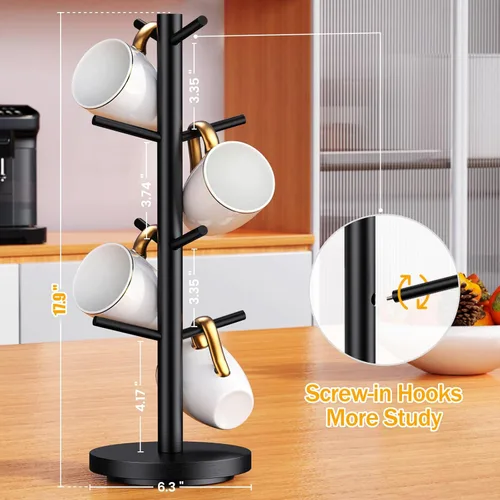 Vista 5 de Soporte para taza de café, soporte para taza de café giratorio de 360° mejorado para mostrador, árbol de taza de café de madera, estante para tazas