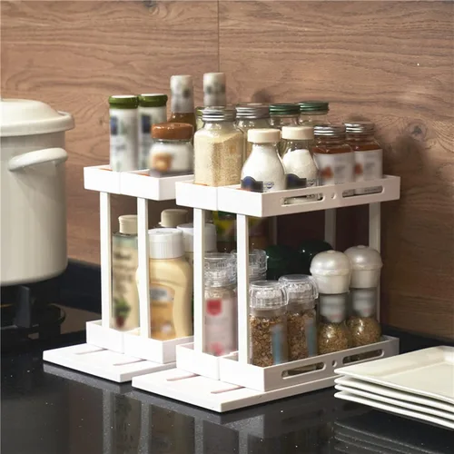 Vista 4 de DULRLLY Organizador giratorio para especias, 2 estantes de especias de dos pisos, organizador de armario de cocina extraíble para tiendas recetas