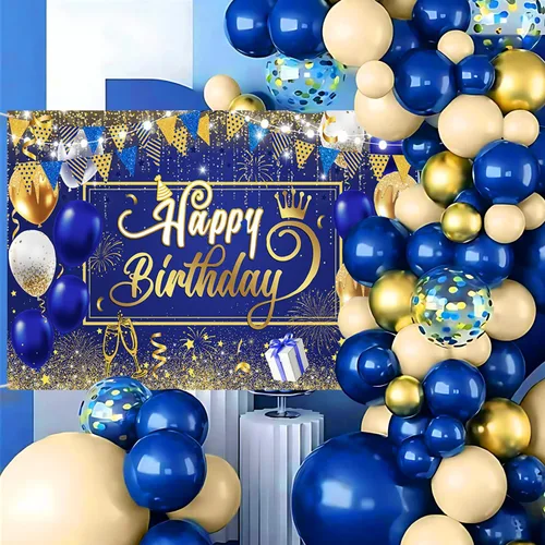 Vista 5 de AIBIIN Telón de Fondo de Feliz Cumpleaños Dorado y Azul Fondo de Fotografía Globo Azul Decoraciones de Fiesta de Cumpleaños Pancarta Accesorios