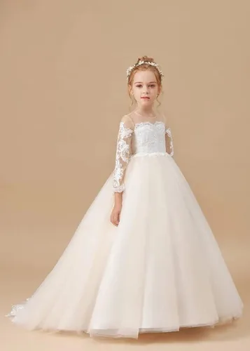 Vista 3 de Melinda - Vestidos de flores para niñas, apliques de encaje, tul de manga larga, vestido largo de princesa para boda, concurso