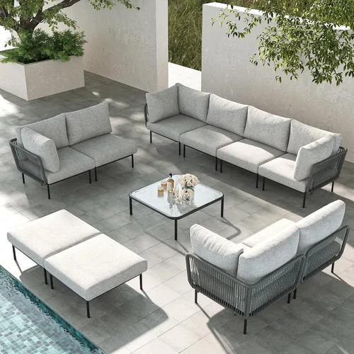 Vista 46 de LayinSun Juego de muebles de patio de aluminio de 7 piezas, sofá modular moderno con mesa auxiliar y cojín de grosor mejorado Gris claro