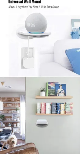 Vista 7 de Estante de montaje en pared, compatible con Echo Spot, Echo Pop, Echo Dot, HomePod Mini, Google Home, con almacenamiento de cable, fácil