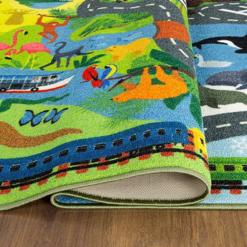 Vista 5 de KC Cubs 8x10 Alfombra de Carretera con Animales Safari para Coches de Juguete – Alfombra de Juego Educativa para Niños, Pequeños, Guardería, Aula