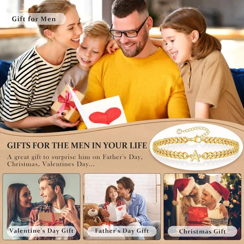 Vista 4 de Pulsera con inicial para hombre, cadena de eslabones cubanos de oro y plata, ajustable, joyería para hombre, regalos únicos para hombres, marido