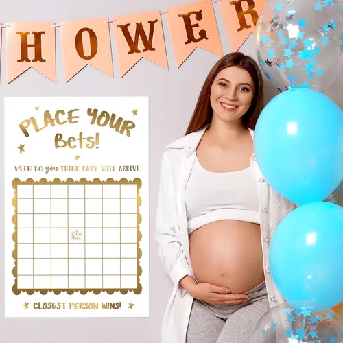 Vista 4 de Geyee Decoraciones de baby shower, juego de ducha con predicción neutra para fecha de nacimiento, grande, divertido letrero de calendario de bebé