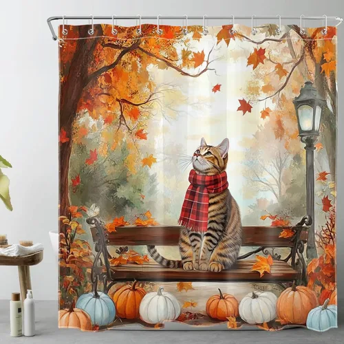 Vista 23 de HVEST Cortina de ducha con ganchos, calabaza espeluznante y fantasma con sombrero de bruja negro, juego de cortina de ducha naranja con flores