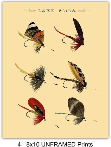 Vista 3 de Impresiones artísticas vintage de señuelos para pared, juego de cuatro fotos (8 x 10) sin marco, es un gran regalo para pescadores con mosca
