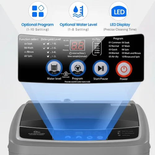 Vista 9 de Nictemaw Portable Washing Machine, 17.8Lbs Portable Washer, LED Display Full Automatic Washing Machine with 10 Programs 8 Water Levels, Drain