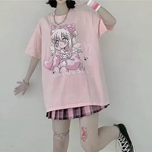 Vista 3 de AtbeTa Kawaii - Camiseta de gran tamaño de manga larga, linda camiseta de anime rosa japonés, Harajuku, conejo, gato, adolescente, niña