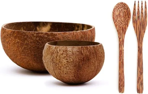 Vista 6 de Rainforest Bowls 2 cuencos de coco crudo ecológicos (pequeños y jumbo) con 2 tenedores de madera de coco, 100% natural, juego de cocina orgánico