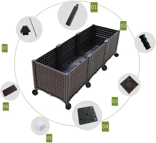 Vista 4 de Cama de jardín elevada con ruedas, maceta de plástico con riego automático con tapón de drenaje, kit de maceta de ratán para interiores
