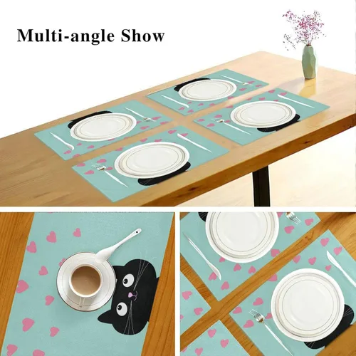 Vista 5 de Juego de 6 manteles individuales con diseño de gato negro y corazones rosados, lavables para cocina, mesa de comedor, resistentes al calor, manteles