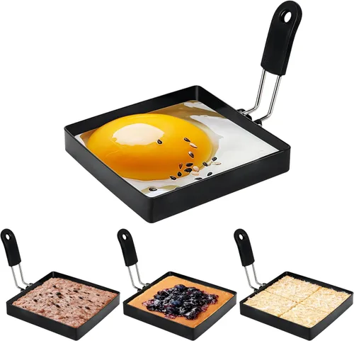 Vista 9 de Anillos de huevo para freír huevos, 3.5 pulgadas de acero inoxidable, para panqueques ingleses, magdalenas, con mango de silicona