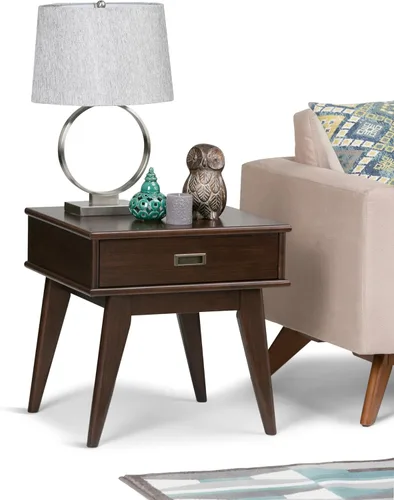 Vista 3 de SIMPLIHOME Draper - Mesa auxiliar rectangular de madera maciza de 22 pulgadas de ancho con cajón de almacenamiento en marrón caoba medio, mesita