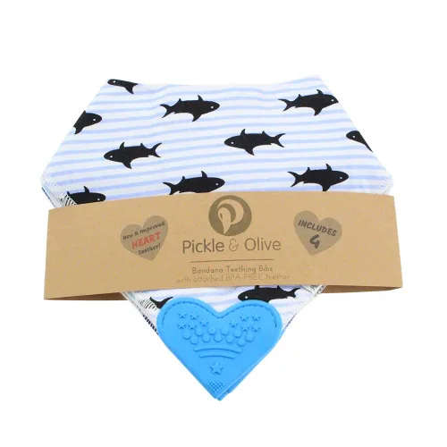 Vista 7 de Pickle & Olive Baberos de dentición bandana para bebé con mordedor de silicona adjunto, juego de 4, Azul mar