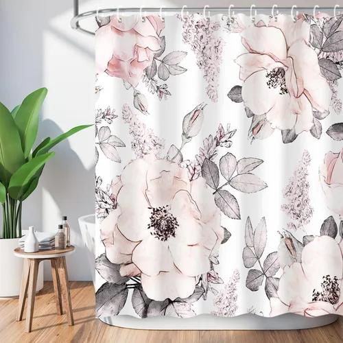 Vista 2 de LIVILAN Cortina de ducha con flores rosas y grises, cortinas de ducha florales de acuarela con ganchos, tela blanca y gris, decoración de baño