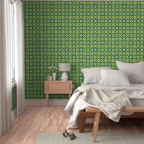 Vista 5 de Papel tapiz para despegar y pegar, diseño retro verde con diseño de flores vintage botánicas de los años 70 y 1960 Spoonflower