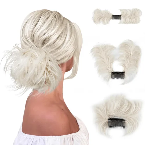 Vista 30 de Peine de moño desordenado con clip lateral para mujer, corto, natural, lacio, versátil, ajustable, fácil de peinar, (rubio ceniza-C)