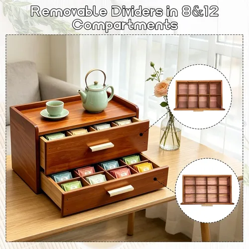 Vista 3 de Organizador de bolsas de té de madera con paspartú, bolsa de almacenamiento de té de madera, soporte para caja de té de doble cajón con 20