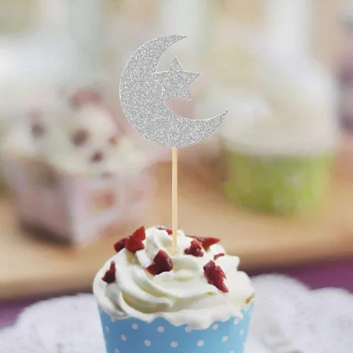 Vista 4 de 24 piezas de decoración de cupcakes con purpurina de luna y estrella Eid Mubarak, decoración de pasteles para bodas, cumpleaños, baby shower