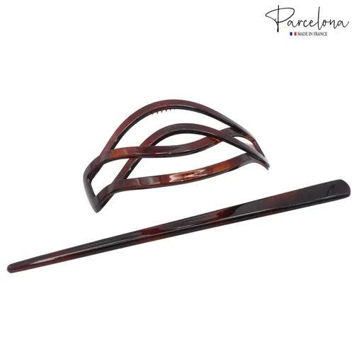 Vista 4 de Parcelona French Twist Tortoise Shell Brown Chignon Cola de caballo titular de pelo deslizante Pin Thru Hair Barrette con palo para mujeres y niñas