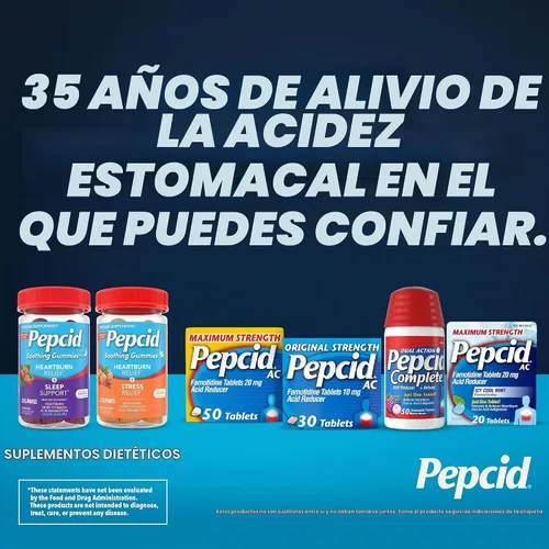 Vista 5 de Pepcid Reductor de ácido de doble acción completo + tabletas masticables antiácidas, sabor a bayas, 8 unidades.