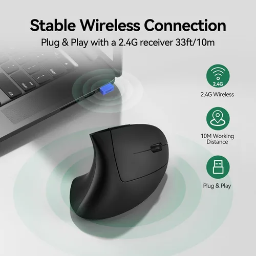 Vista 4 de TECKNET Ratón ergonómico inalámbrico, ratón Ergo vertical recargable Ratón óptico silencioso de 2.4 GHz, con 5 DPI ajustables (800-4800), mouse