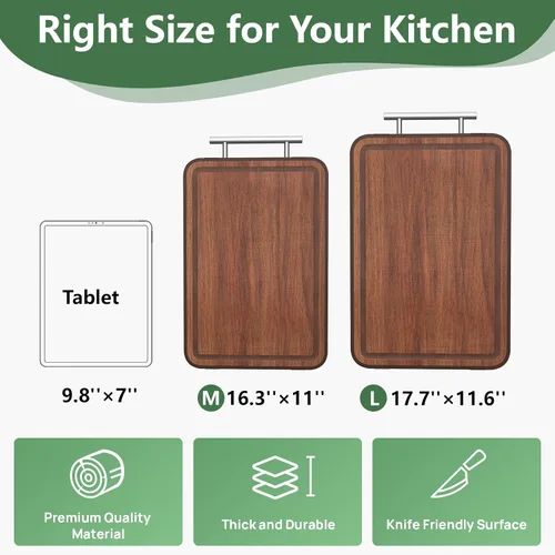 Vista 3 de Tabla de Cortar de Acero Inoxidable y Madera de Doble Cara Tablas de Cortar para Cocina - 2 en 1 Ébano Metal con Mango Resistente a Rayones Carne