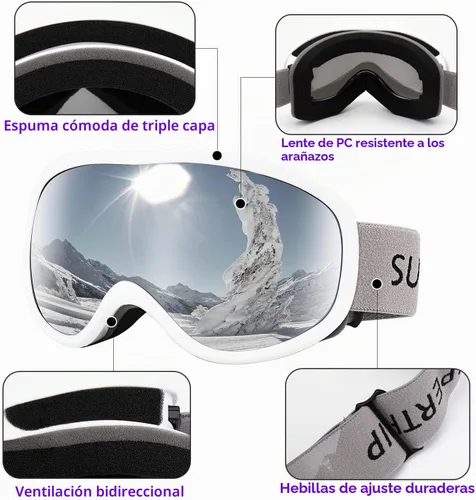 Vista 4 de Supertrip Gafas de esquí de nieve antivaho 100% protección UV gafas de esquí snowboard 1 marco blanco/lente plateado