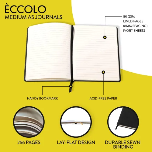 Vista 3 de WORLD TRAVELER Eccolo - Diario mediano con bolígrafo, cuaderno A5 de tapa dura negro y dorado con 256 páginas marfil, soporte para bolígrafo