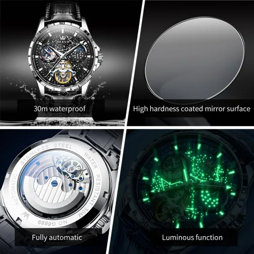 Vista 6 de OLEVS Relojes de cuero para hombre, mecánico automático, esqueleto Tourbillon, diamante, de lujo, cuerda automática, relojes de pulsera de vestir