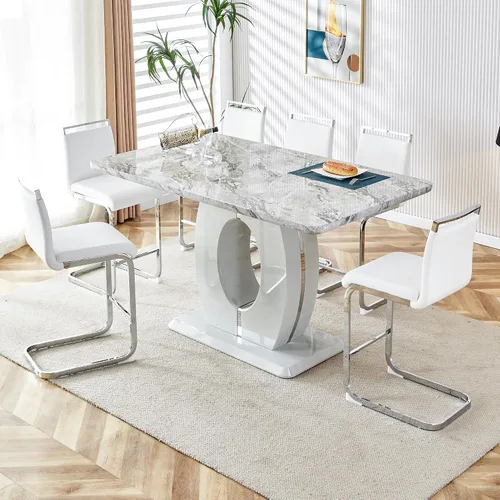 Vista 6 de gopop Mesa de comedor de altura de barra, mesa de comedor de mármol para mesa texturizada marmolizada de 6,1.77 pulgadas de grosor con base de MDF