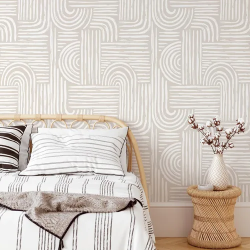 Vista 3 de VEELIKE Papel tapiz geométrico neutro para despegar y pegar, papel tapiz abstracto bohemio para dormitorio y baño, 17.7 x 118 pulgadas, papel tapiz