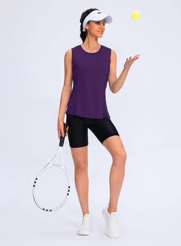Vista 2 de YYV Camisetas de tirantes de entrenamiento para mujeres, ligeras, camisetas sin mangas para mujeres, tops de corte holgado para atletismo, correr