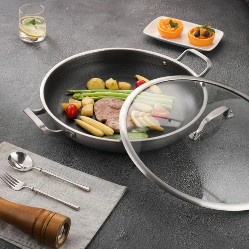Vista 9 de Yeksum - Sartén de acero inoxidable de tres capas para paella, sartén grande con tapa (acero inoxidable híbrido, 12 pulgadas)