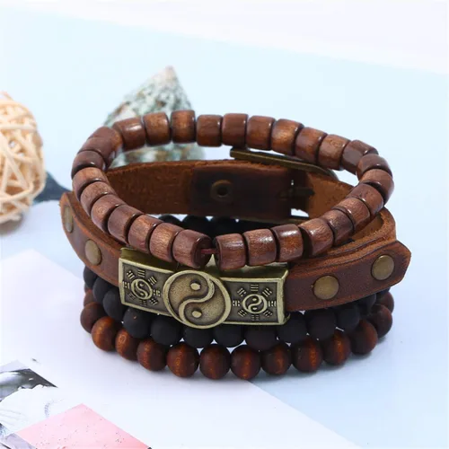 Vista 2 de 4 pulseras de cuero, diseño étnico con símbolo taoísta de Yin Yang