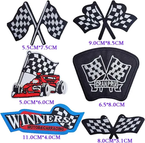 Vista 2 de Parches de carreras a cuadros F1, juego de 6 parches bordados en 3D para planchar o coser con banderas a cuadros, trofeo ganador y diseño de coche