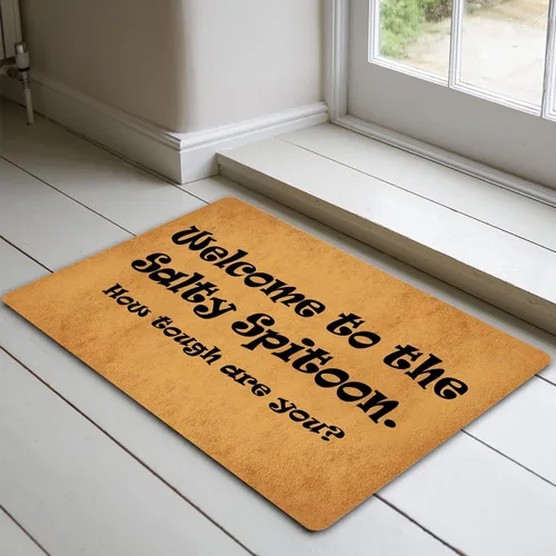 Vista 4 de Divertida alfombra antideslizante con texto en inglés "Welcome to The Salty Spitoon How Tough Are You" (How Tough are You Entrance) para interiores