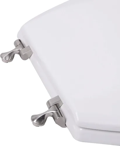Vista 4 de 1Q1R6-00BN Asiento de inodoro de madera moldeada prémium con bisagra de metal de un solo poste, redondo, color blanco con níquel cepillado