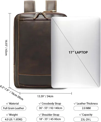 Vista 3 de Mochila vintage de cuero expandible 2 en 1 para hombre, maletín cruzado de hombro grande, mochila de viaje para trabajo, senderismo, para laptop