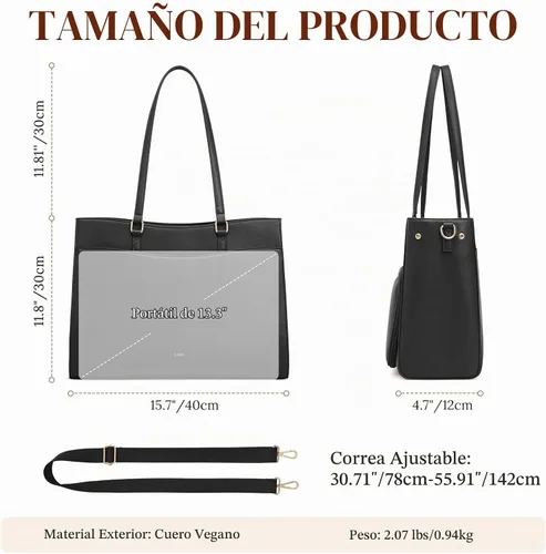 Vista 8 de S-ZONE Bolsa de almuerzo para mujer, bolsa de trabajo con compartimento de Negro