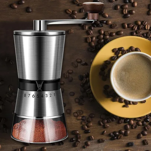 Vista 7 de Molinillo de café manual, capacidad de 6.53 oz con rebaba cónica de molienda de cerámica de 1.417 in, ajuste ajustable externo de 8 velocidades