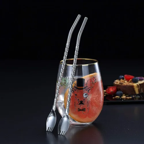 Vista 4 de HOMQUEN Cuchara de té helado con mango de popote para beber, 4 piezas de 8.7 pulgadas de acero inoxidable de mango largo, cuchara de tenedor