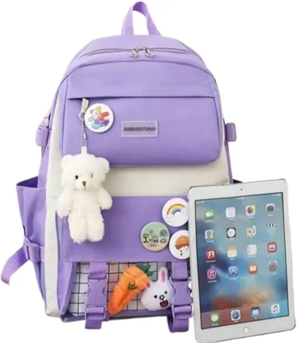 Vista 3 de Juego de mochila Kawaii de 5 piezas, bonita mochila escolar estética, suministros juveniles, conjunto de mochila y accesorios, Mochila púrpura 1