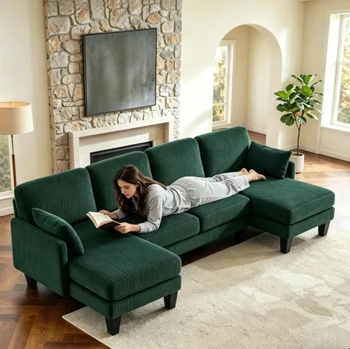 Vista 13 de VINGLI Sofá modular de 110 pulgadas para sala de estar, sofá en forma de U con diván doble, juego de sofá de 4 asientos con tela de felpilla