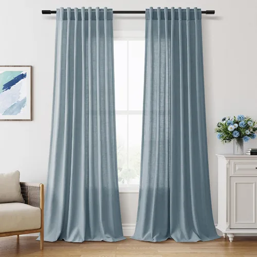 Vista 11 de Aersas Aqua Green Linen Curtains 84 Inches Long 2 Panels Set Back Tab Rod Pocket Living Room Curtain Farmhouse Rustic Light Filtering Hook Drapes